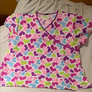 BNWOT Colorful Heart Cancer Rivbon Print Scrub Top by Just Love